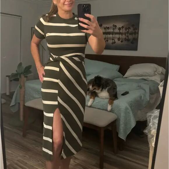 Tanya Taylor Olive Striped Dress LARGE Cotton Knit Work Career Designer $355 - Picture 9 of 13